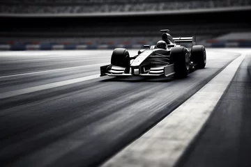 Foto op Plexiglas Asphalt of the international F1 race track with a F1 race car at the start. Racer on a racing car passes the track © sam
