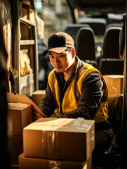 a food delivery man loading paper boxes into a company van