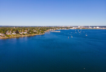 Edgewood Beach aerial view from  Providence River near river mouth to Narragansett Bay, with Providence modern city skyline at the back, Cranston, Rhode Island RI, USA. 