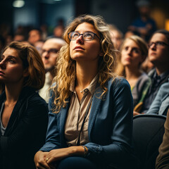 a woman wearing square rimmed glasses sitting with group of people listening to a presentation