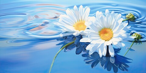 illustration of blue water and daisy float in the pond, generative AI