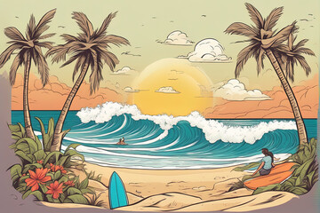 Fototapeta na wymiar Summer vacation illustration theme, big waves,palm tree,surfboard,sand beach, flat cartoon character graphic design with Generative AI.