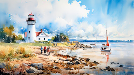 Watercolor of lighthouse with people on the beach