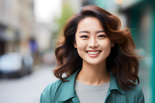 portrait of asian woman smiling in city street