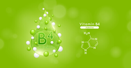 Green vitamin B4 water drop and chemical structure surround with collagen hyaluronic acid moisturizer. Vitamins complex mockup for skin care cosmetics design. Beauty treatment nutrition. 3D Vector.