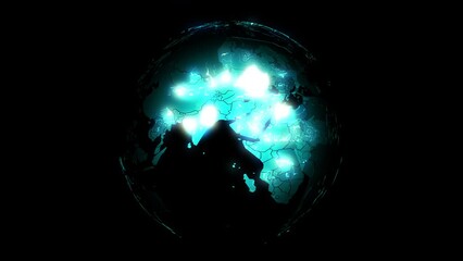 Epidemic monitoring. On a transparent spherical map of the world, spots of light mark the outbreak of an epidemic.