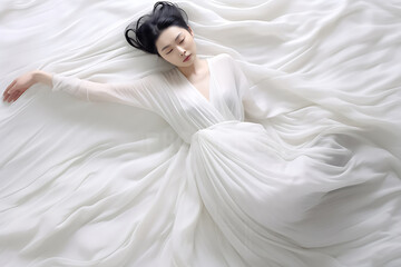 Fototapeta premium Beautiful woman wearing flowing white dress and pose dancing over a light background. Generative AI.