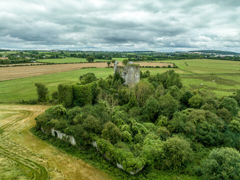 Aerial view of Lea Castle ruined medieval castle of the FitzGerald family with 4 storey donjon and gate house near Portarlington, County Laois