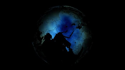 Broadcast splash screen with a color spherical world map.