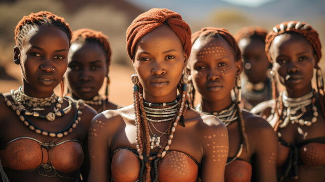 Portrait of a Himba woman dressed in traditional style in Namibia, Africa.