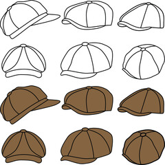 Set of newsboy cap hats  vector.  Black and white Flat caps illustration - obrazy, fototapety, plakaty