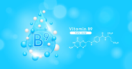 Blue vitamin B9 water drop and chemical structure surround with collagen hyaluronic acid moisturizer. Vitamins complex mockup for skin care cosmetics design. Beauty treatment nutrition. 3D Vector.