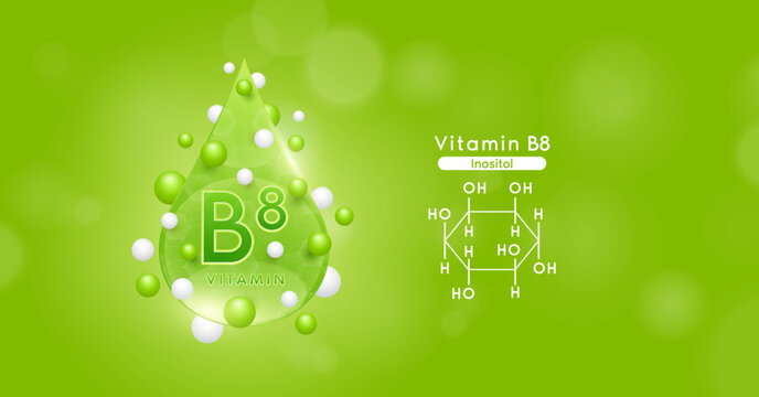 Green vitamin B8 water drop and chemical structure surround with collagen hyaluronic acid moisturizer. Vitamins complex mockup for skin care cosmetics design. Beauty treatment nutrition. 3D Vector.