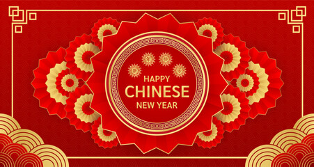 Card Happy Chinese New Year 2024. Flower gold on red background. Translation: happy new year. Vector illustration.