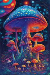 Trippy imagery of mushrooms psychedelics. Generative AI.