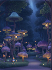 Fototapeta na wymiar Secret enchanted forest, with sparkling fireflies, mystical mush