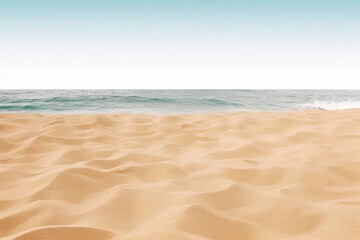 Fototapeta na wymiar Empty sand beach in front of summer sea background with copy space, Generative AI