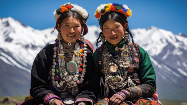Ladakhi tribal women wearing traditional dress pose
