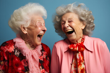 studio portrait of two old ladies, friends laughing together, plain colour background