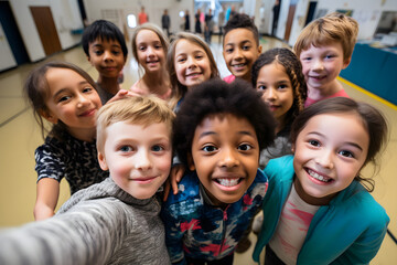 Class selfie in an elementary school. Kids taking a picture together in a co-ed school