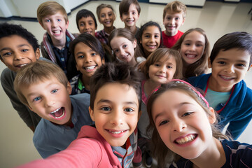 Class selfie in an elementary school. Kids taking a picture together in a co-ed school