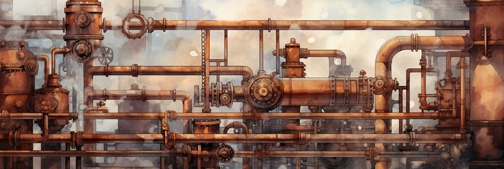 watercolor of steampunk industrial background, generative AI - obrazy, fototapety, plakaty