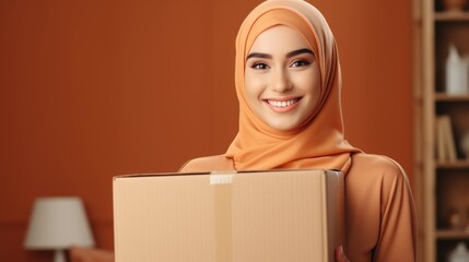 Beautiful overjoyed young smiling muslim woman in traditional religious hijab holding an cardboard box
