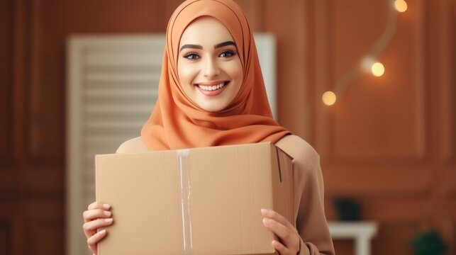 Beautiful overjoyed young smiling muslim woman in traditional religious hijab holding an cardboard box