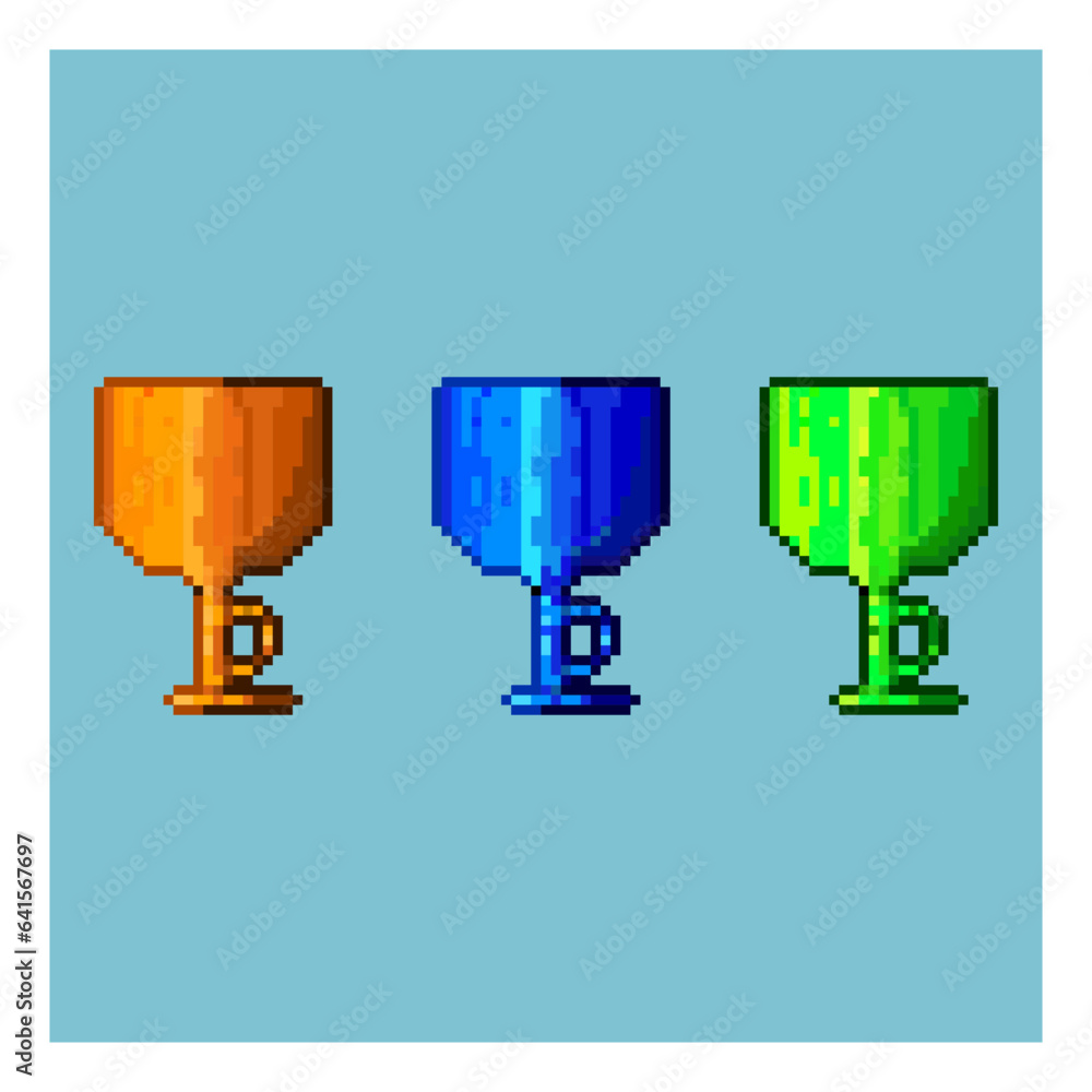 Poster pixel art sets of cup for drink with variation color items asset. gold,blue,and green cup on pixelat