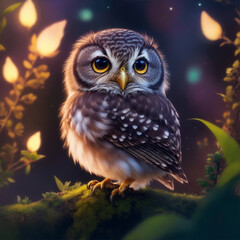 Cartoon Pygmy Owl in dreamy at night time. Generative AI.