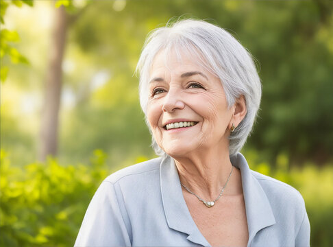 Realistic photo of smiling senior woman with gray hair outdoors. Generative AI.