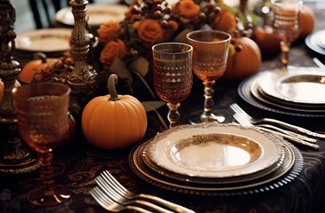 Naklejka premium Thanksgiving table setting, elegant dinner table with pumpkins and candles generative ai.