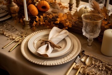 Naklejka premium Thanksgiving table setting with pumpkins, generative ai image of elegant dining arrangement.