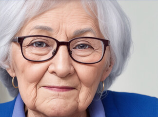 A elder woman with glasses looks at the camera. Generative AI.