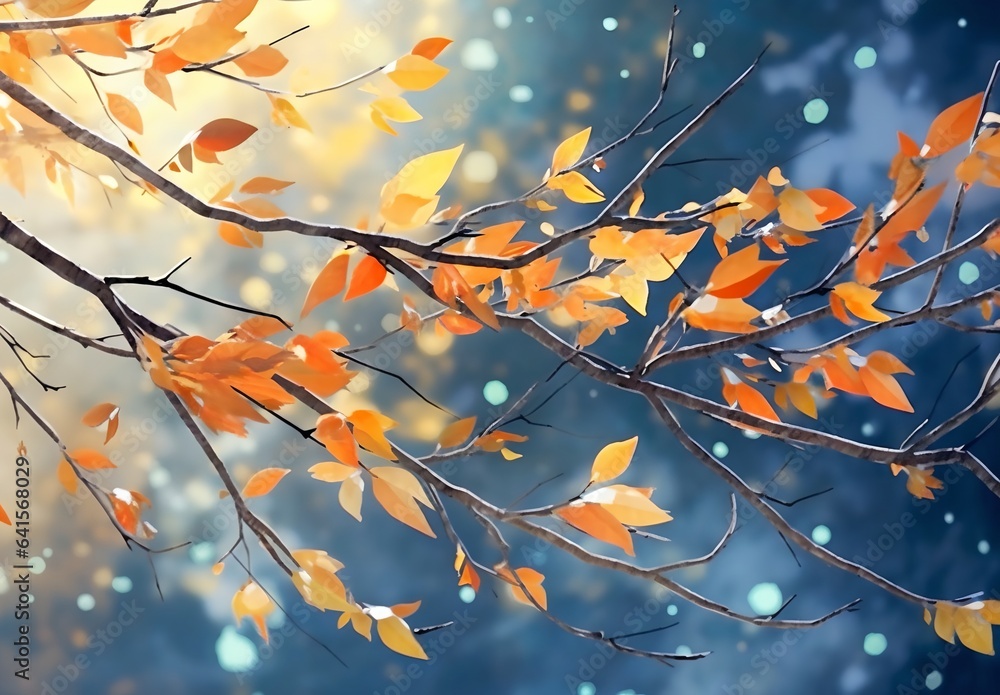 Poster tree branch with yellow leaves covered with snow, generative ai.