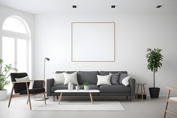 empty frame mock up in the background of modern interior, living room, Scandinavian style, 3D render, 3D illustration