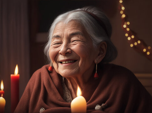 Smiling elder woman meditates with candlelight joyfully. Generative AI.