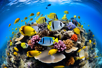 lots of tangs butterfly fish and other colourful marine fish swimming above a coral reef, fisheye-lens