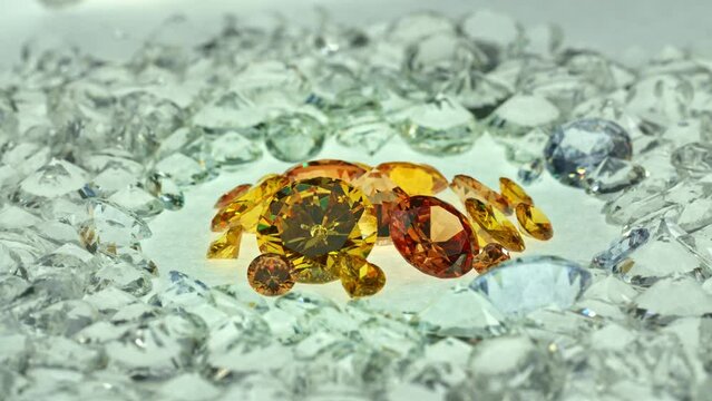 .A group of yellow diamonds arranged in the middle of white diamonds in a white background..Top view of golden diamonds. white diamonds background video 4K..beautiful yellow diamonds turning around.