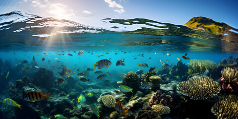 Fototapeta na wymiar lots of colourful marine fish swimming above a coral reef