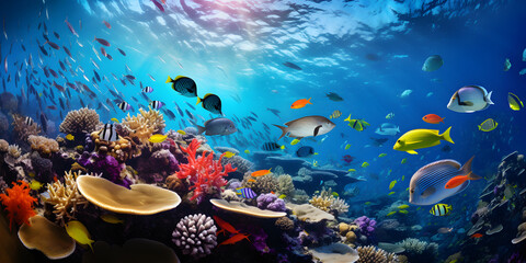lots of colourful marine fish swimming above a coral reef