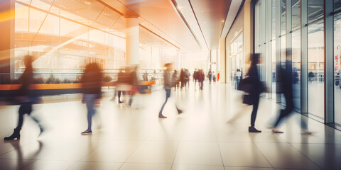 blurred business people walking at a trade fair, conference or walking in a modern hall
