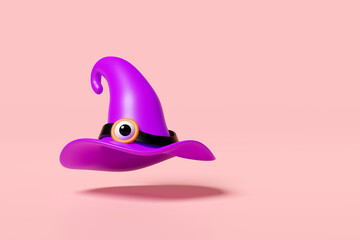 3d purple witch hat with eye isolated on pink background. halloween holiday party concept, 3d render illustration