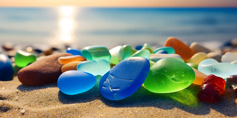Colourful glass pebbles on a beach. Polished textured sea glass and stones on the seashore. Green, blue shiny glass with multi-coloured sea pebbles close-up. Beach summer background