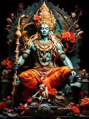 A statue of a hindu lord sitting on a stone throne with flowers