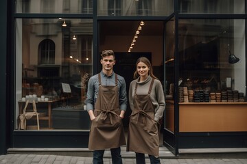 Small business owners, generative ai couple partners at front entrance of their new business.