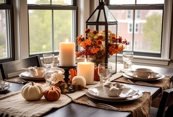 Thanksgiving table setting with white pumpkins, generative ai elegant and fancy holiday dinner place setting