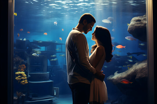 happy romantic couple in public aquarium