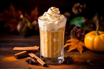 Pumpkin latte, generative ai picture of delicious autumn drink with traditional spices.