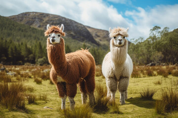 A pair of llamas in the green pasture